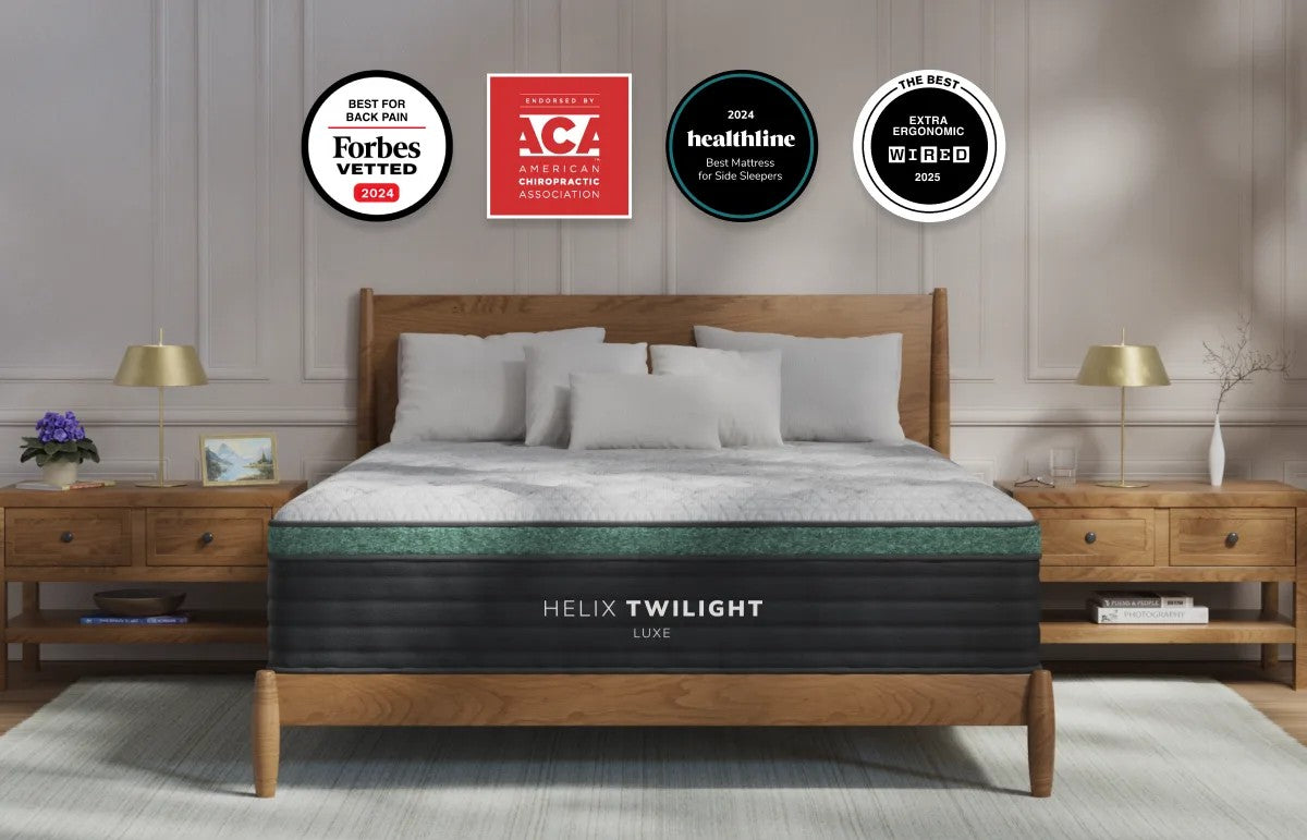 Helix Twilight mattress in a bedroom setting with various certification logos displayed.