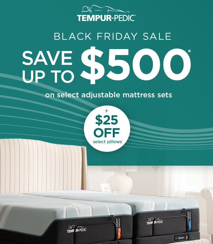 Tempur-Pedic Black Friday sale advertisement with mattress sets and promotional text.