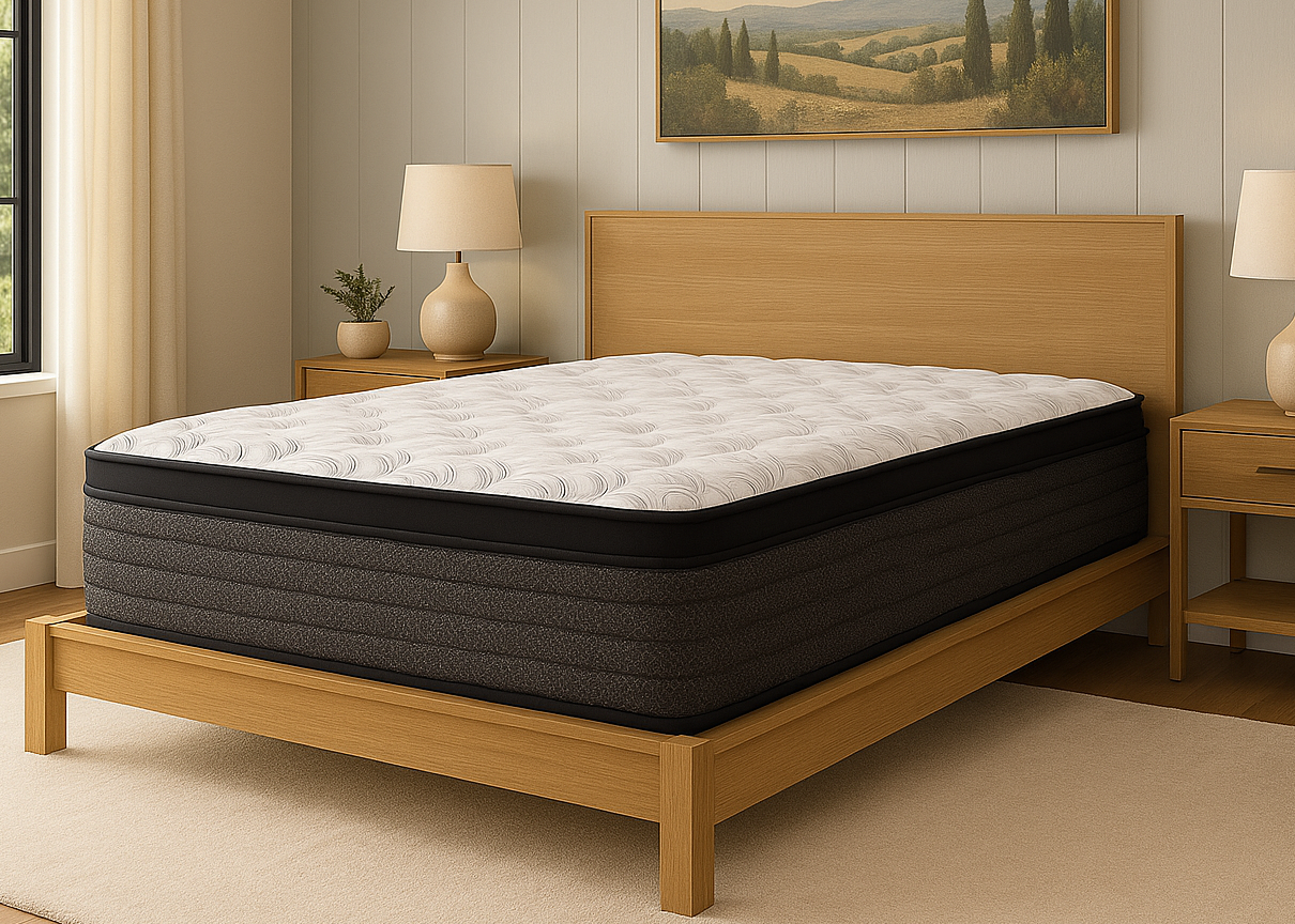 Mattress on a wooden bed frame in a bedroom setting with lamps and a painting.